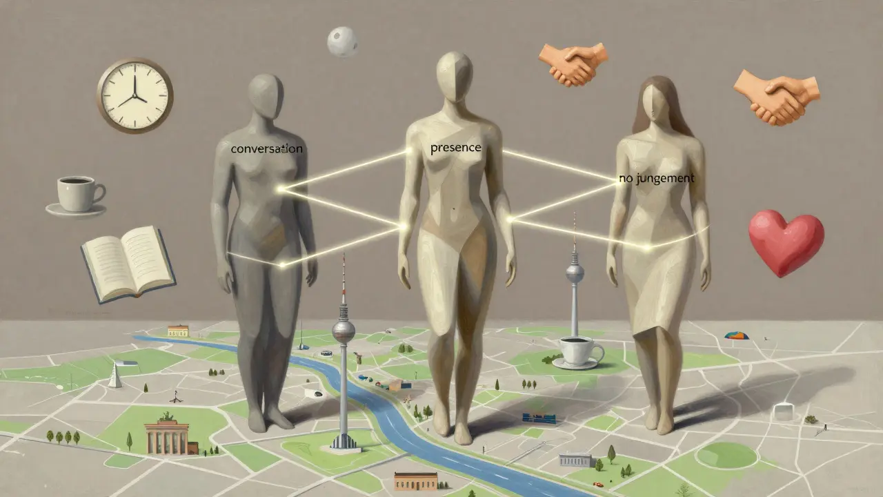Three abstract figures connected by glowing threads labeled 'conversation,' 'presence,' and 'no judgment,' above a map of Berlin.