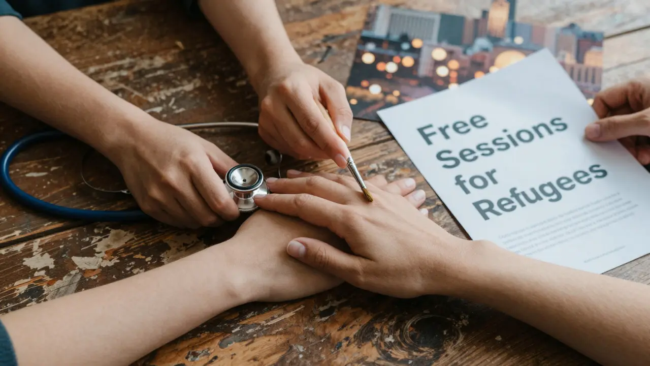 Three hands holding symbols of care, art, and community support, representing the multifaceted roles of Berlin's LGBTQ+ sex workers.