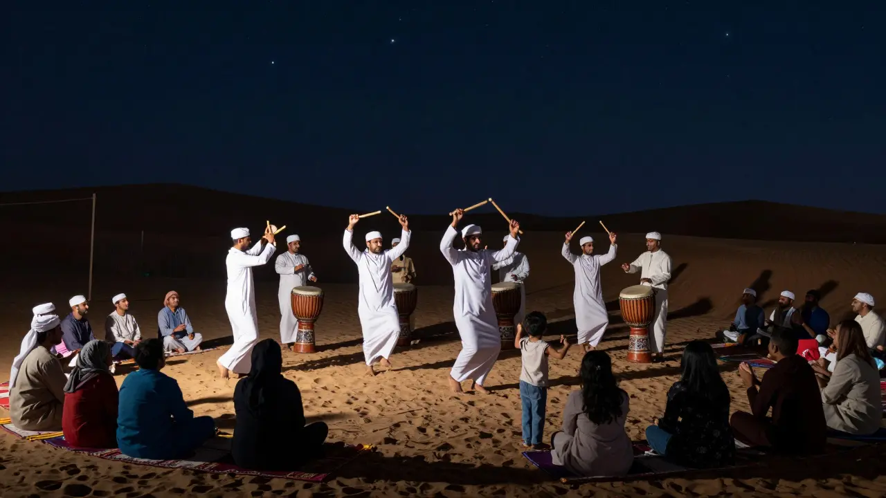 Traditional Ardha dance under stars at Al Ain Oasis, families watching in quiet reverence.