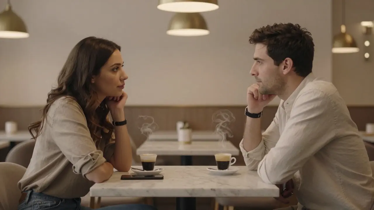 Two people converse calmly over espresso in a cozy Milan café, their expressions thoughtful and engaged.