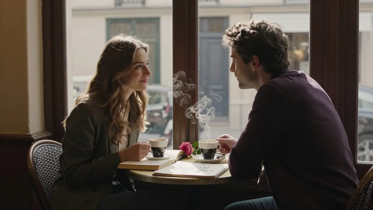 Two people enjoy coffee in a Parisian café, engaged in thoughtful conversation.