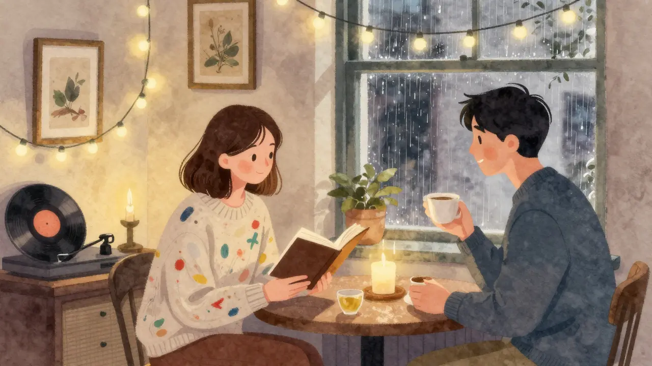 Two people sharing tea and a book in a cozy Chelsea studio, string lights and vintage art creating a warm, bohemian atmosphere.