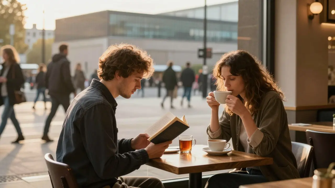 Two people sit quietly together in a London café, enjoying companionship without intimacy.