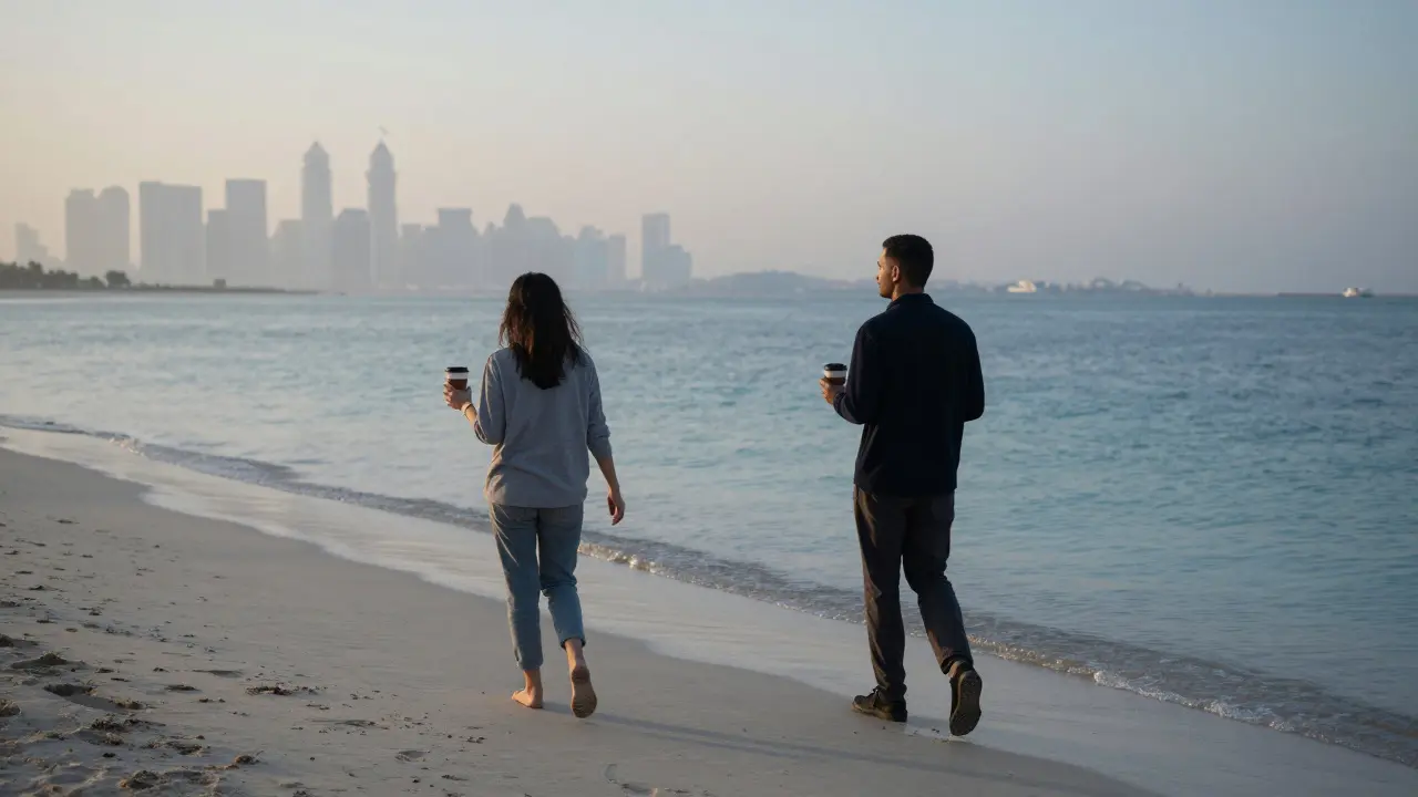 Two people walking barefoot on a sunrise beach in Abu Dhabi, holding coffee cups, footprints fading in the sand.