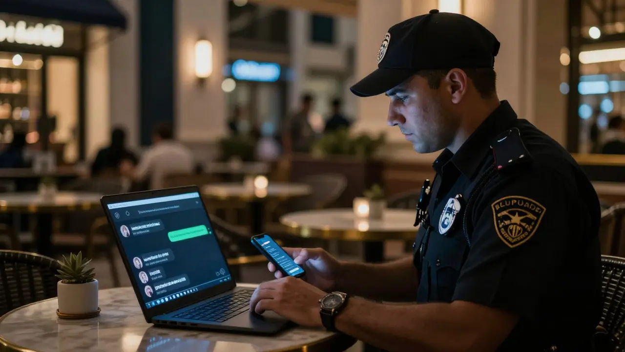 Undercover officer monitoring chat messages about illegal escort services on a laptop.