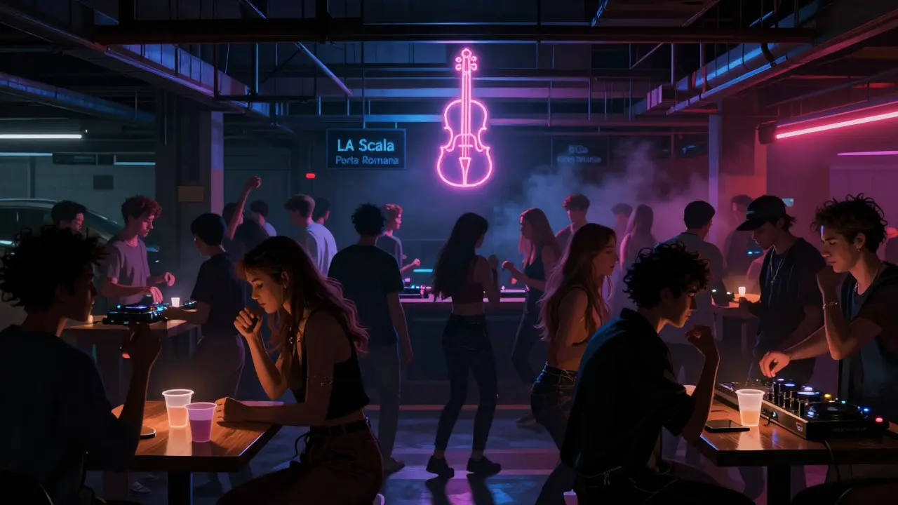 Underground club La Scala with dancers under colored LED lights and a neon violin sign in the dark.