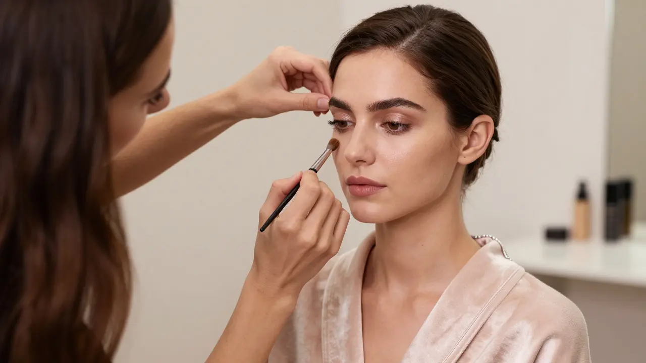 Woman having hair styled by a makeup artist in luxury lounge.